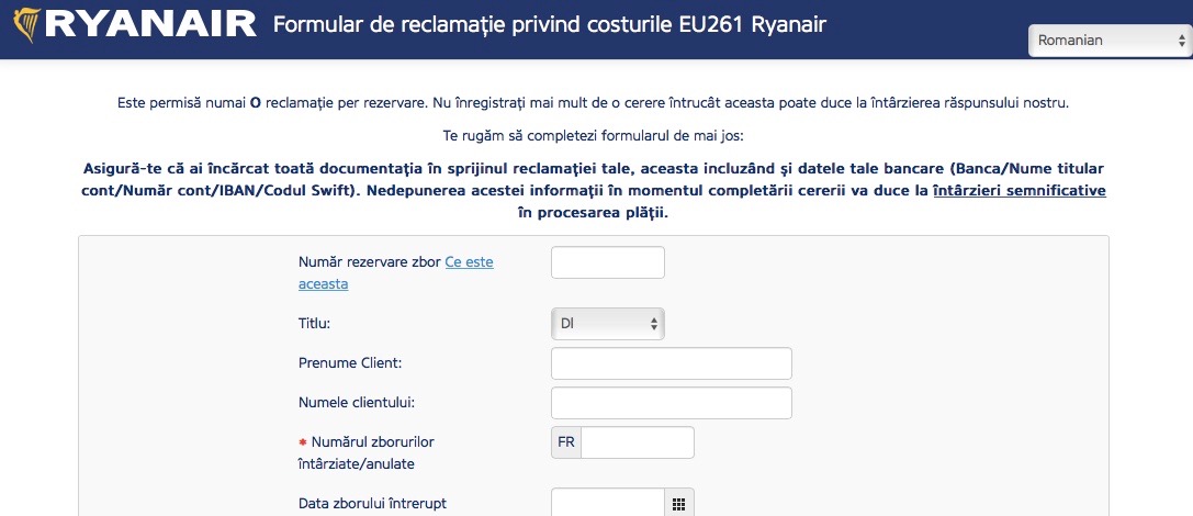 Compensații zboruri Ryanair formular 1